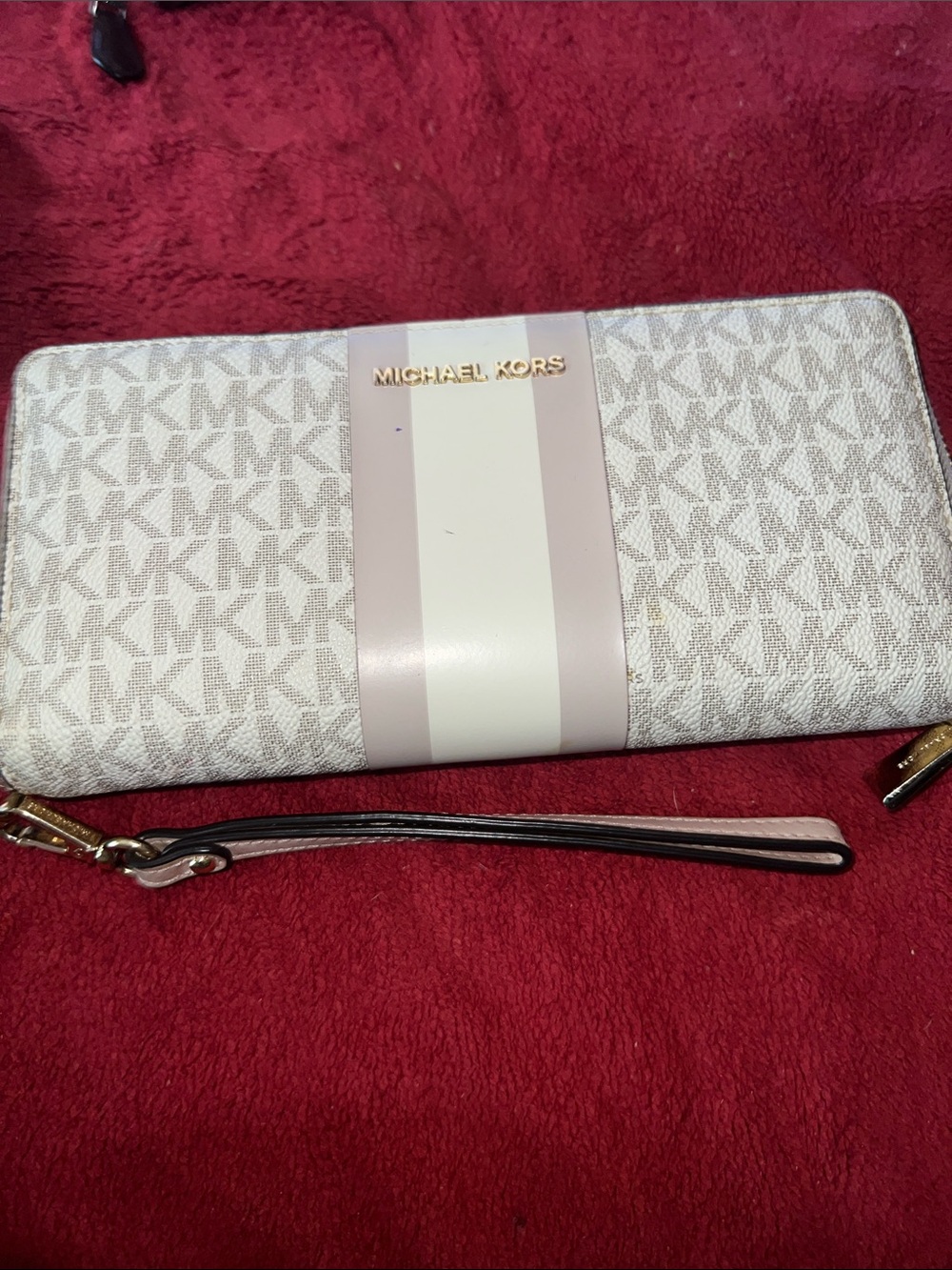 Michael Kors Cream & Light Pink Monogram Zip Wristlet